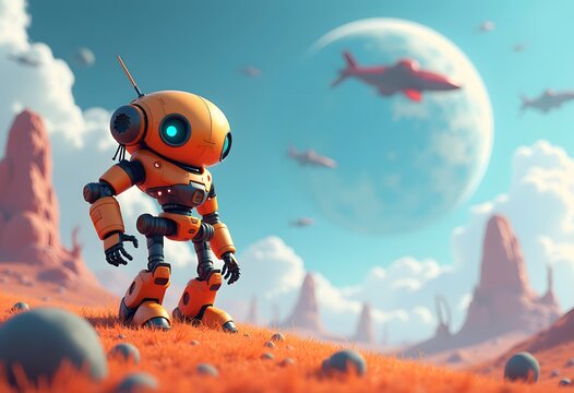 A Cute Robot Exploring a Desolate Alien Landscape