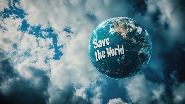 3D Earth floating with a "Save the World" sign, against a dynamic futuristic backdrop, emphasizing global environmental conservation