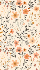  A warm-toned floral pattern with orange and black blooms on a creamy background.
