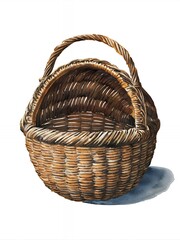 A woven wicker basket with a single handle sits on a white background.