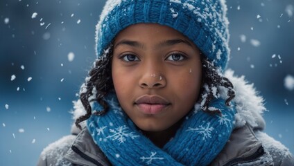 A young African American woman with a scarf and a fur hat is standing in the snow