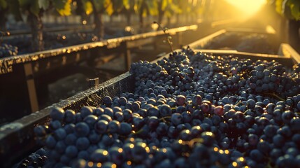 Fototapeta premium A hyper-realistic photograph of the wine production process, grape cultivation, winery, and wine fermentation, 8K resolution, shot on professional DSLR camera, shallow depth of field, tack-sharp
