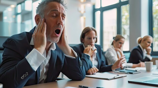 Middle-aged white business professional stifling a yawn while listening to a presentation in a boardroom. 