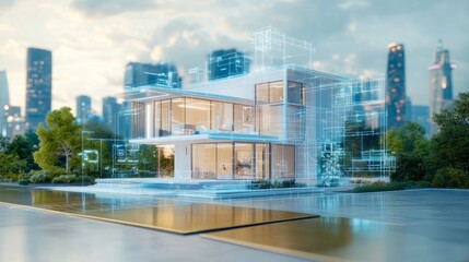 A futuristic smart home blueprint with a 3D model