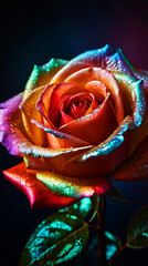 Close-Up of a Multicolored Rose with Water Droplets, Macro Photography of Vibrant Rose Petals, Colorful Dew-Covered Rose in Focus, Detailed Shot of a Rainbow-Hued Rose, Fresh Bloom with Morning Dew