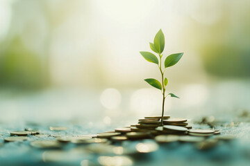 Investment Growth Concept with Plant Sprouting from Coins in Sunlight