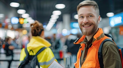 Airport worker smiling while checking travel documents for a passenger at the terminal. 