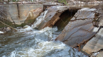Naklejka premium Collapsed Concrete Dam and Rushing Water