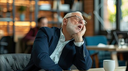 Middle-aged white businessman yawning and resting his chin on his hand during an extended meeting. 