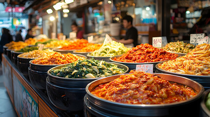Fototapeta premium A bustling Korean market scene featuring a vendor selling various types of Kimchi.