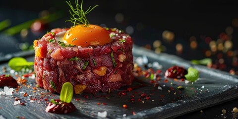 Modern gourmet raw beef tartare topped with quail egg and sun-dried tomato.