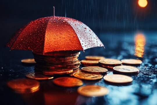 Red Umbrella Protecting Stack of Coins in the Rain 