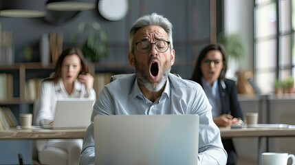 Fototapeta premium Middle-aged white businessman yawning during a long meeting, looking bored and tired. 