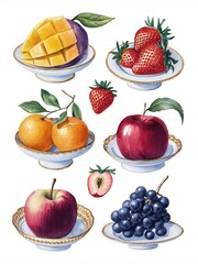 Colorful assortment of fresh, juicy fruits on ceramic dishes