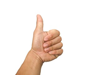 Male hand giving thumbs up isolated on white background, business concept.	