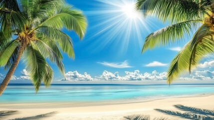 Obraz premium Tropical beach with palm trees under bright sun