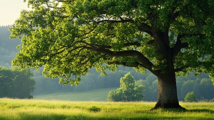 Majestic Oak Tree with Sturdy Trunk and Sprawling Branches. A large, ancient oak tree standing tall, symbolizing strength and longevity, with wide branches and dense green foliage creating a natural, 