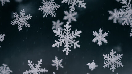 Fluffy snowflakes drifting downward, emphasizing their intricate crystalline structures against a dark backdrop