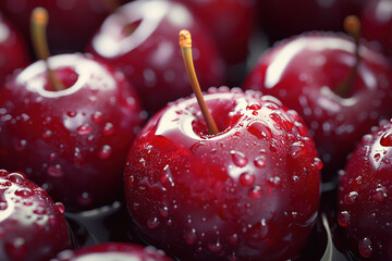 Fresh cherries covered in dewdrops