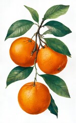 Three ripe oranges hanging on a branch with green leaves, isolated against a white background.