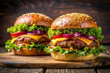 Two Juicy Cheeseburgers on a Wooden Board.