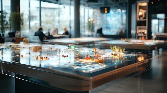 A modern board game cafe with transparent board game tables and glowing game pieces