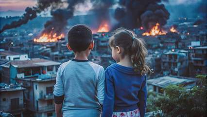 A boy and a girl watch the fire in a destroyed city.