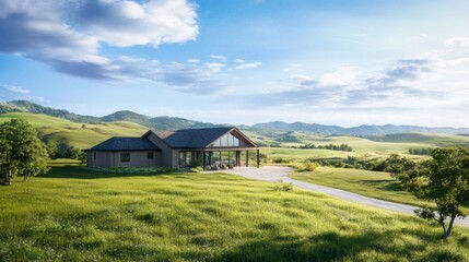 A modern farmhouse blueprint with a 3D model