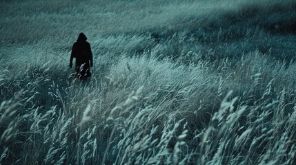 Mysterious Figure Walking Through a Field of Grass