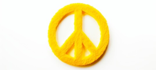 Bright yellow peace symbol made from textured material on a white background for creative projects