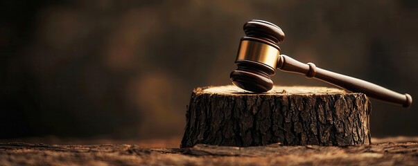 Gavel resting on a tree stump, symbolizing the legal fight against deforestation, gavel on tree stump, forest law enforcement
