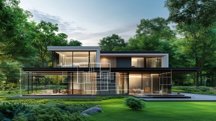 Obraz premium A modern house design with a detailed blueprint overlay