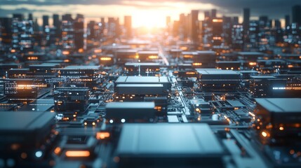 A modern logistics center with transparent sorting systems and glowing delivery routes