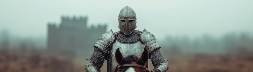 A brave knight in shining armor stands proudly on a horse, with a castle backdrop shrouded in mist, evoking a sense of adventure.