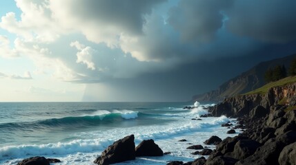 Obraz premium Dramatic Waves Crashing Against Rugged Coastline Under Thick Clouds