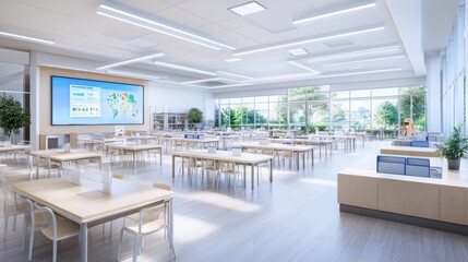 A modern school with interactive digital classrooms and holographic playgrounds style