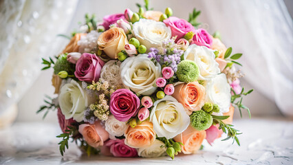 Obraz premium Luxurious wedding bouquet of multi-colored roses close-up.