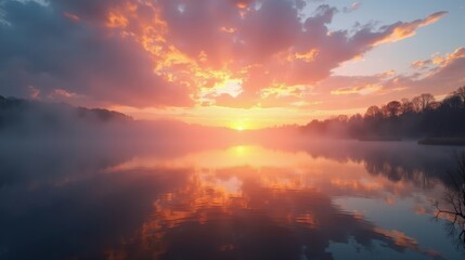 Naklejka premium Tranquil Morning Light on Serene River with Colorful Cloud Reflections
