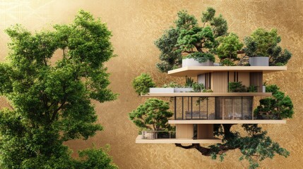 A modern treehouse design with detailed blueprints