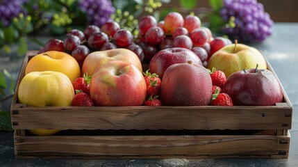 Fresh Red Apples Grapes and Strawberries in Wooden Crate