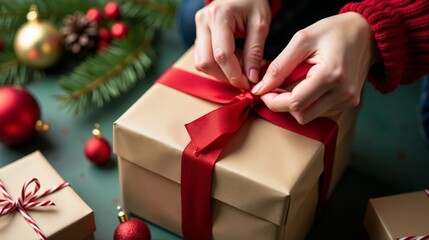 Hand Decorating Christmas Present with Ribbon Among Wrapping Paper and Festive Decor