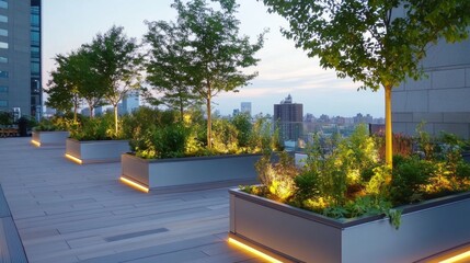 A modern urban garden with transparent planters and neon-lit foliage style