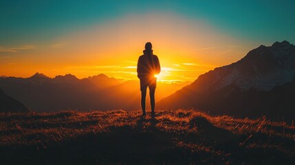 Obraz premium A man stands on a hillside, looking out at the sunset