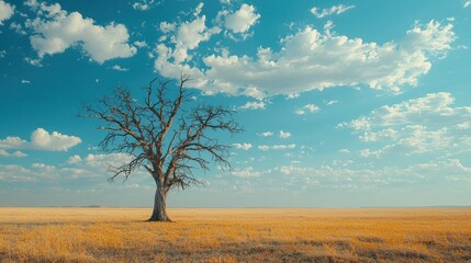 Fototapeta premium A lone tree stands in a field of tall grass