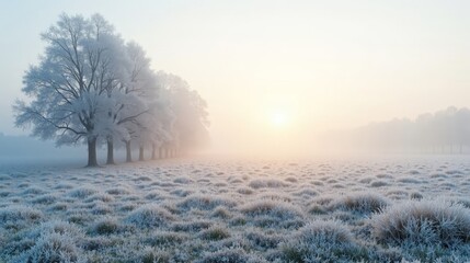 Frozen Morning Landscape Rural Grass Trees