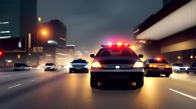Emergency services police vehicles in action featuring a cop car with lights and sirens on. Red and blue flashing lights, police car at night in the city.