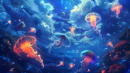 Naklejka premium Jellyfish Swimming in a Starry Sky