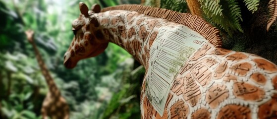 Close-up of a giraffe sculpture adorned with a map on its body, set against a lush jungle backdrop.