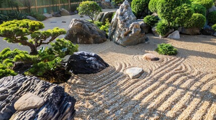 Zen Garden with Raked Sand and Stones