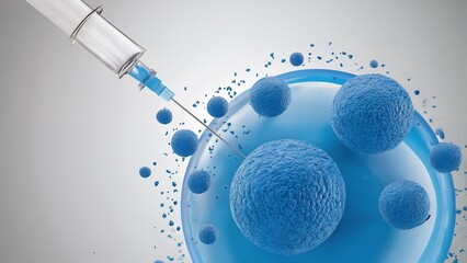 A close-up of a syringe injecting a cell with a blue liquid.